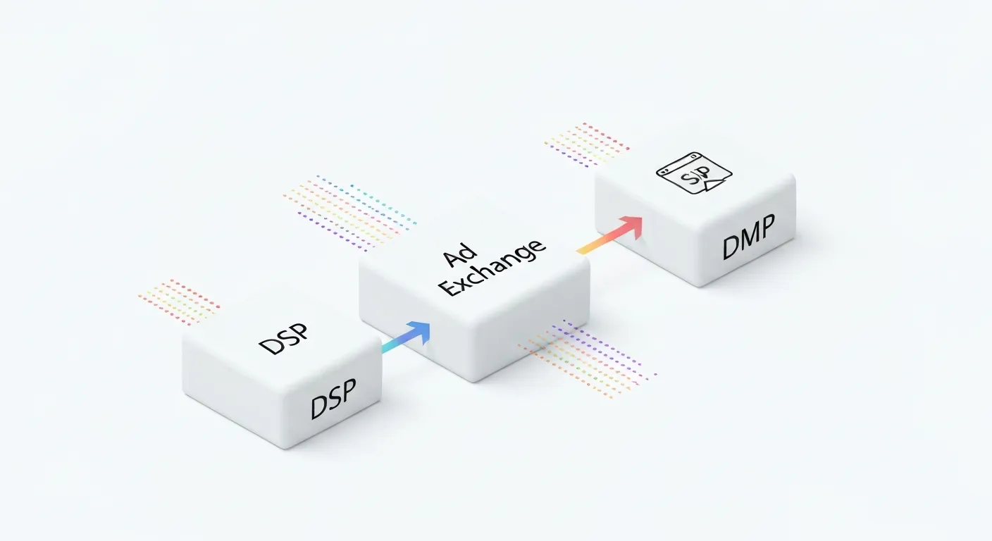 Izometryczna ilustracja wyjaśniająca ekosystem programmatic buying. Przedstawia cztery połączone ze sobą bloki z etykietami: DSP (reklamodawcy), SSP (wydawcy), Ad Exchange (giełda) i DMP (dane). Strzałki i linie przepływu danych łączą bloki, obrazując przepływ informacji między uczestnikami rynku reklamowego.