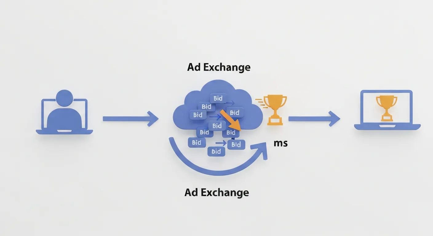 Wizualizacja danych ilustrująca proces aukcji w czasie rzeczywistym (Real-Time Bidding). Pokazuje sekwencję kroków: użytkownik wchodzi na stronę, wysyłane jest żądanie licytacji, odbywa się błyskawiczna aukcja między platformami DSP, zwycięska reklama jest wybierana i wyświetlana użytkownikowi. Ikona zegara z napisem 'ms' podkreśla, że cały proces trwa milisekundy.