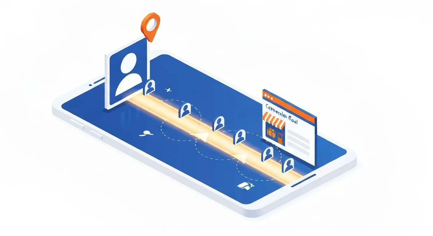 Izometryczna ilustracja pokazująca ekran smartfona z profilem w mediach społecznościowych. Na samej górze znajduje się przypięty post, z którego wychodzi świetlista ścieżka prowadząca użytkowników do strony internetowej, symbolizując kierowanie ruchu.