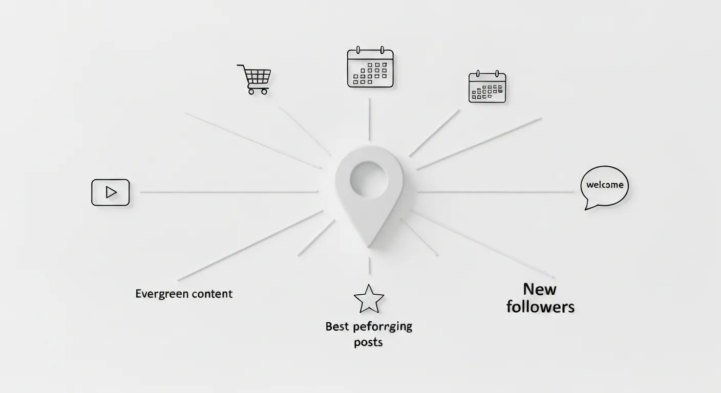 Abstrakcyjna wizualizacja przedstawiająca centralną ikonę pinezki, od której odchodzą połączenia do różnych ikon symbolizujących typy treści: megafon (ogłoszenie), kupon (promocja), wideo (treści evergreen) i kalendarz (wydarzenie).