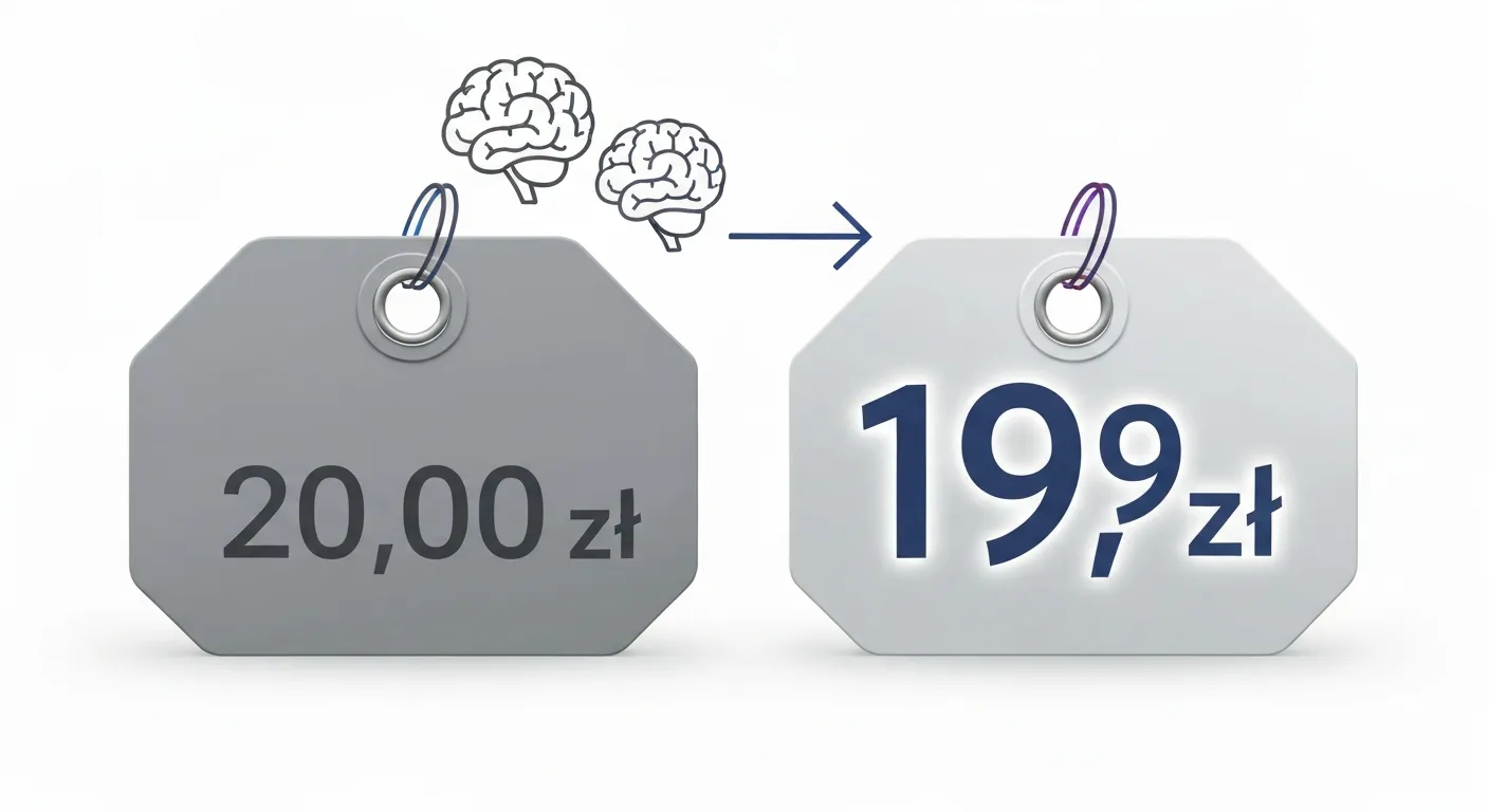 Ilustracja strategii cenowej 'charm pricing', pokazująca dwie metki cenowe obok siebie. Jedna z ceną 20,00 zł, a druga, nieznacznie większa i bardziej atrakcyjna, z ceną 19,99 zł, co podkreśla psychologiczny efekt lewej cyfry.