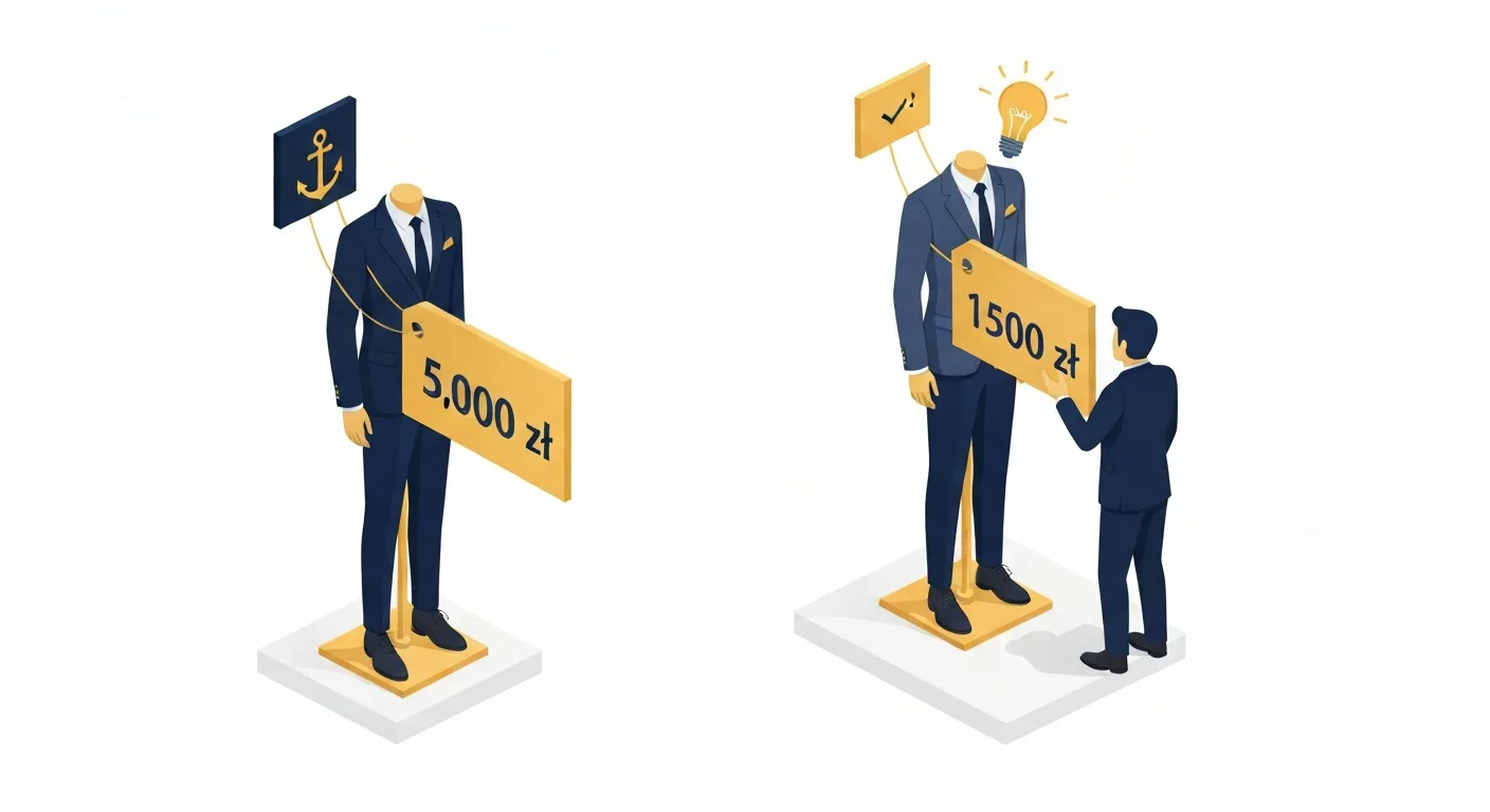 Ilustracja biznesowa przedstawiająca efekt kotwiczenia cen. W sklepie z odzieżą drogi garnitur z ceną 5000 zł (kotwica) sprawia, że garnitur obok z ceną 1500 zł wydaje się klientowi znacznie bardziej atrakcyjną ofertą.