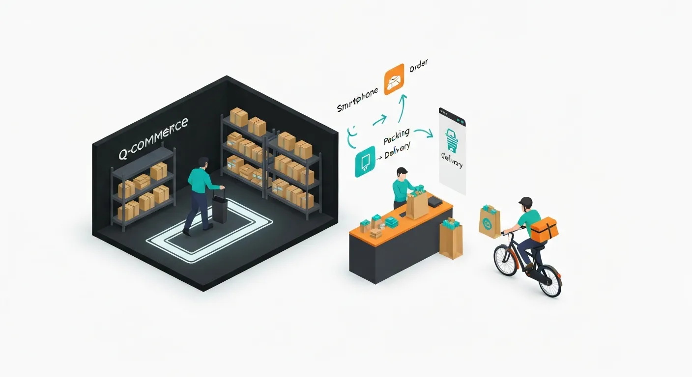 An isometric illustration explaining the q-commerce business model. It shows the inside of a 'dark store' with a worker efficiently picking an order and a courier outside ready for a rapid delivery, highlighting the seamless, technology-driven process.