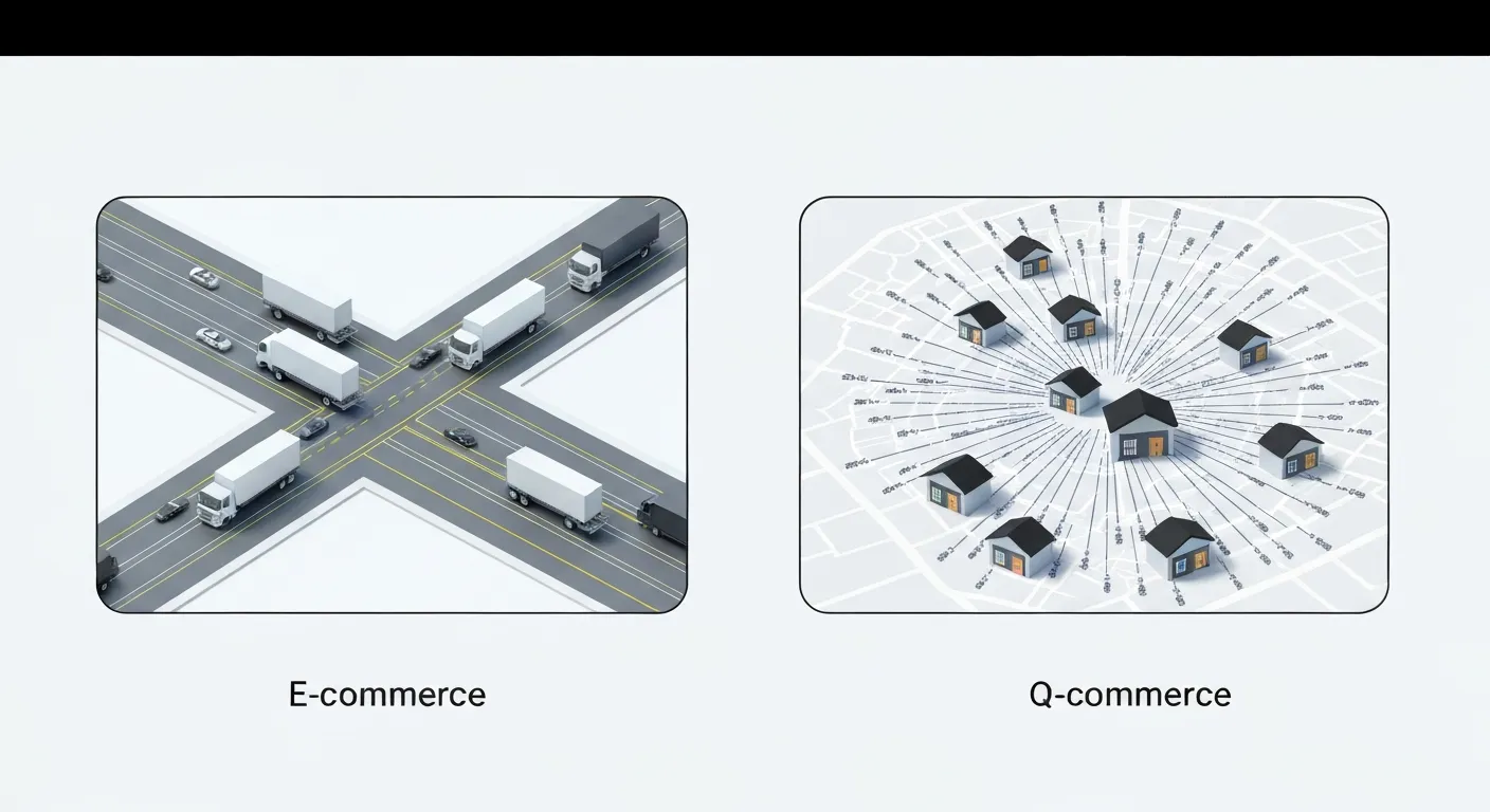 A comparative illustration of traditional e-commerce versus q-commerce logistics. One side shows a large central warehouse with slow truck distribution, while the other side depicts a network of local 'dark stores' providing rapid, direct deliveries within a city.
