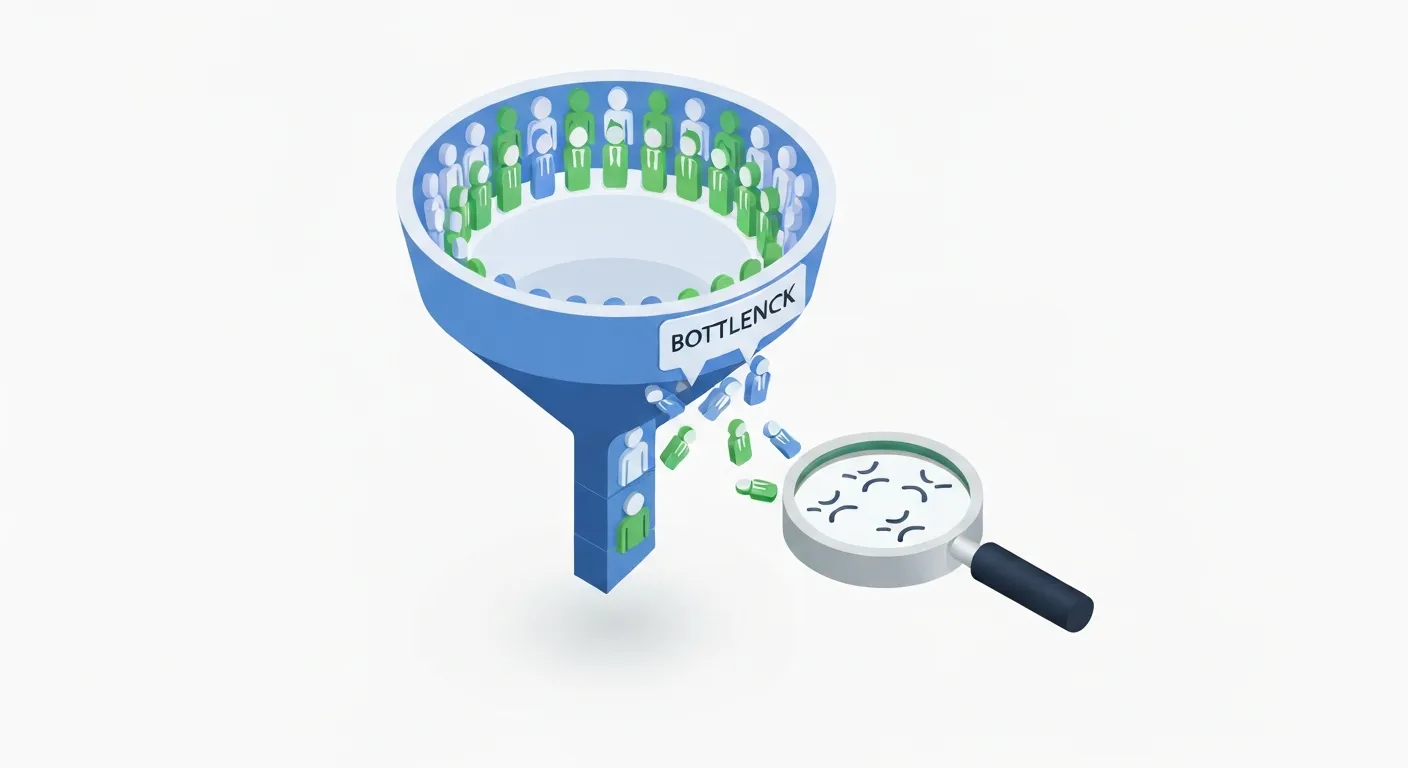 An isometric illustration of a customer conversion funnel, clearly showing a bottleneck where many user icons get stuck and drop off, symbolizing the importance of identifying user journey issues.