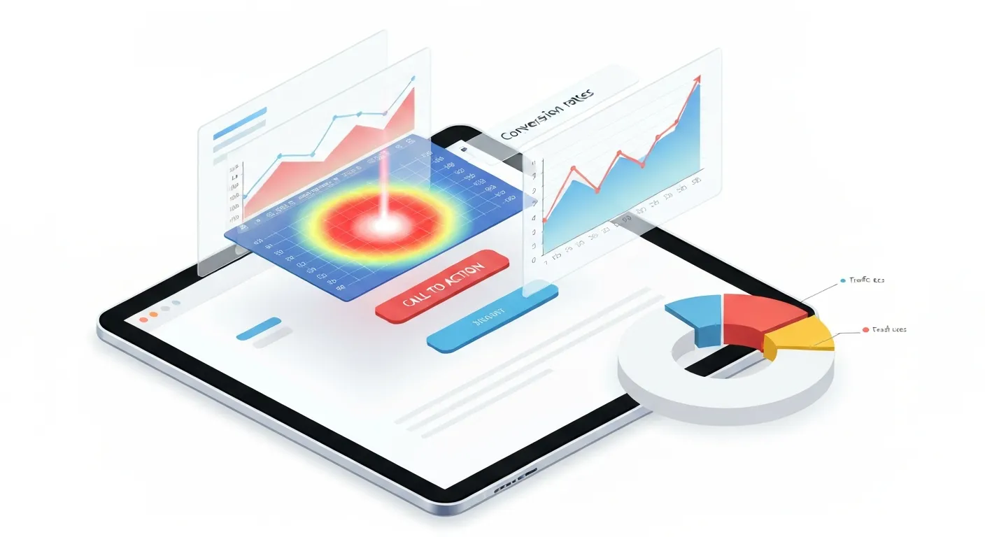 An isometric view of a landing page on a tablet, with various data analysis overlays such as a heatmap on the CTA button and charts showing traffic sources and conversion rates.