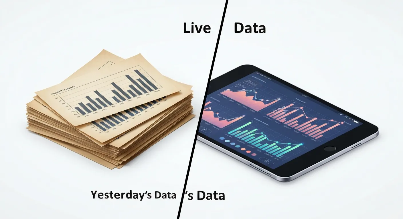 Porównanie tradycyjnego raportowania (stare, zakurzone dokumenty) z raportowaniem w czasie rzeczywistym (nowoczesny, cyfrowy tablet z danymi na żywo), ilustrujące ewolucję w analizie danych.