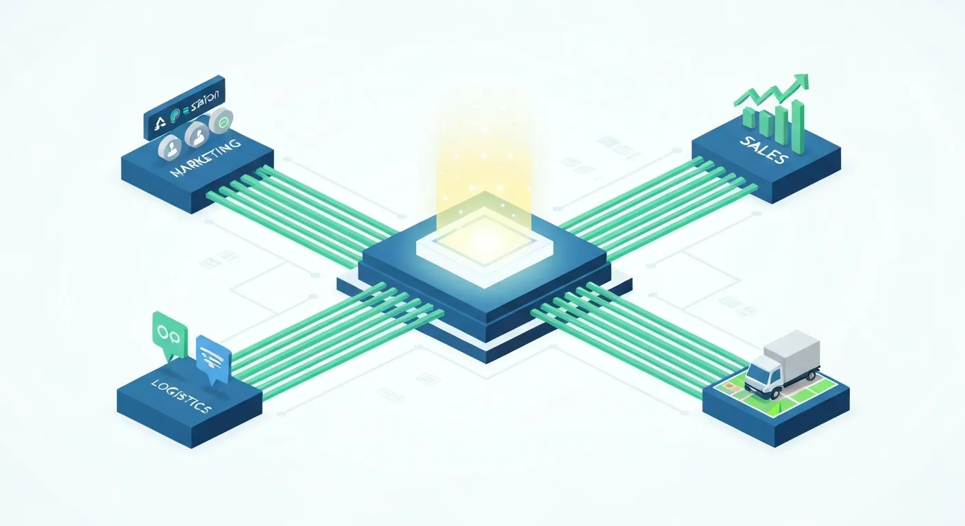Schemat organizacyjny firmy, gdzie działy marketingu, sprzedaży i logistyki są połączone świecącymi liniami danych z centralnym hubem analitycznym, co pokazuje korzyści z raportowania na żywo dla całej organizacji.