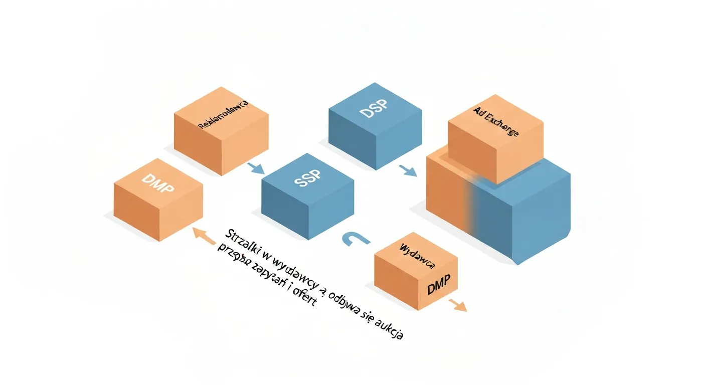 Izometryczna infografika przedstawiająca kluczowych graczy w ekosystemie Real-Time Bidding. Widoczne są połączone ze sobą bloki reprezentujące Reklamodawcę (Advertiser), DSP, Giełdę Reklam (Ad Exchange), SSP i Wydawcę (Publisher), ze strzałkami ilustrującymi przepływ informacji i ofert.