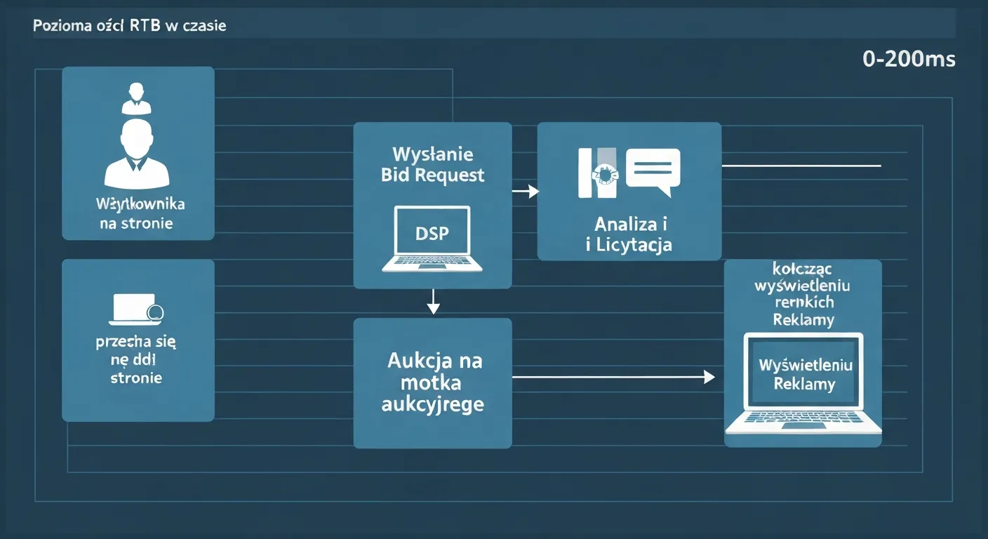 Wizualizacja procesu aukcji RTB krok po kroku. Schemat pokazuje oś czasu od 0 do 200 milisekund, ilustrując kolejne etapy: wizytę użytkownika na stronie, wysłanie zapytania o stawkę, analizę przez DSP, złożenie ofert i wyświetlenie zwycięskiej reklamy.