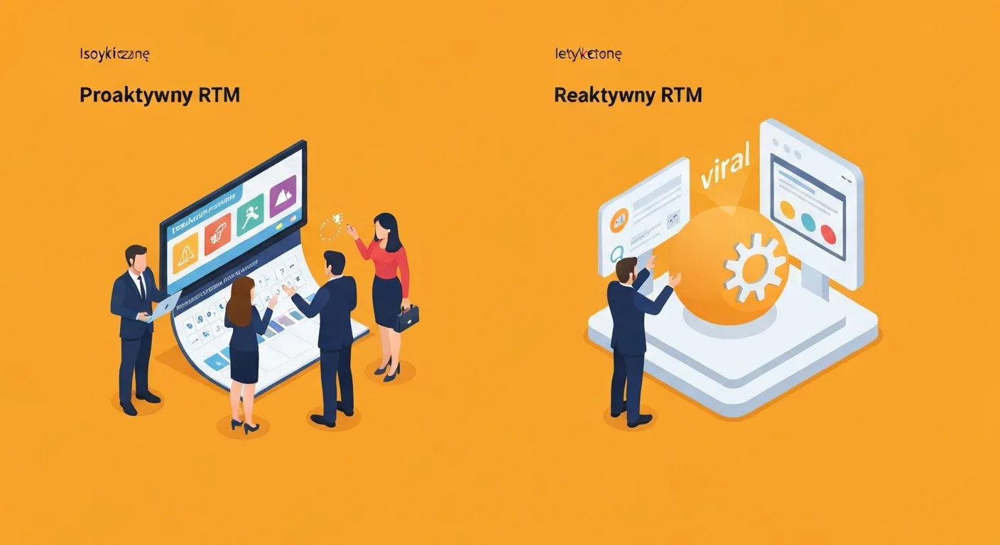 Ilustracja izometryczna porównująca proaktywny i reaktywny real-time marketing. Po lewej stronie marketerzy planują działania przy kalendarzu, a po prawej marketer natychmiastowo reaguje na nagły, wiralowy trend na ekranie.