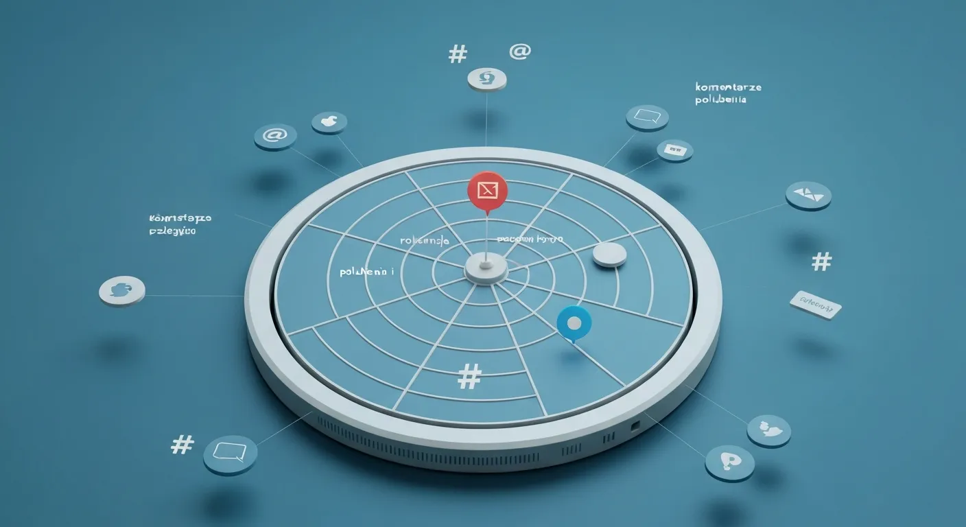 Abstrakcyjna wizualizacja danych symbolizująca nasłuch społecznościowy (social listening). Centralny element, przypominający radar, skanuje i wychwytuje kluczowe trendy z ogromnego potoku danych z mediów społecznościowych.