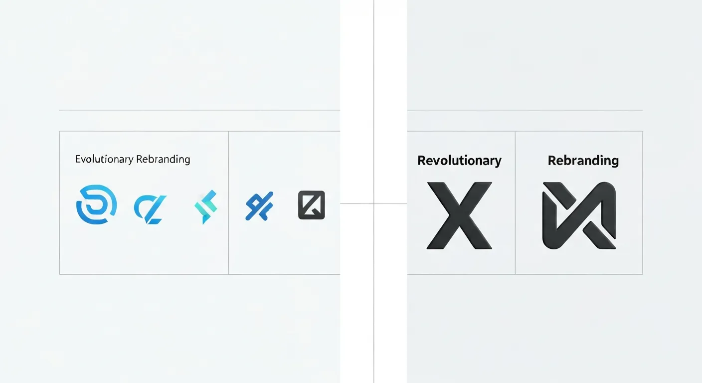 A visual diagram comparing evolutionary rebranding (a slight logo refresh) with revolutionary rebranding (a complete identity change), clearly showing the difference in the scale of transformation.