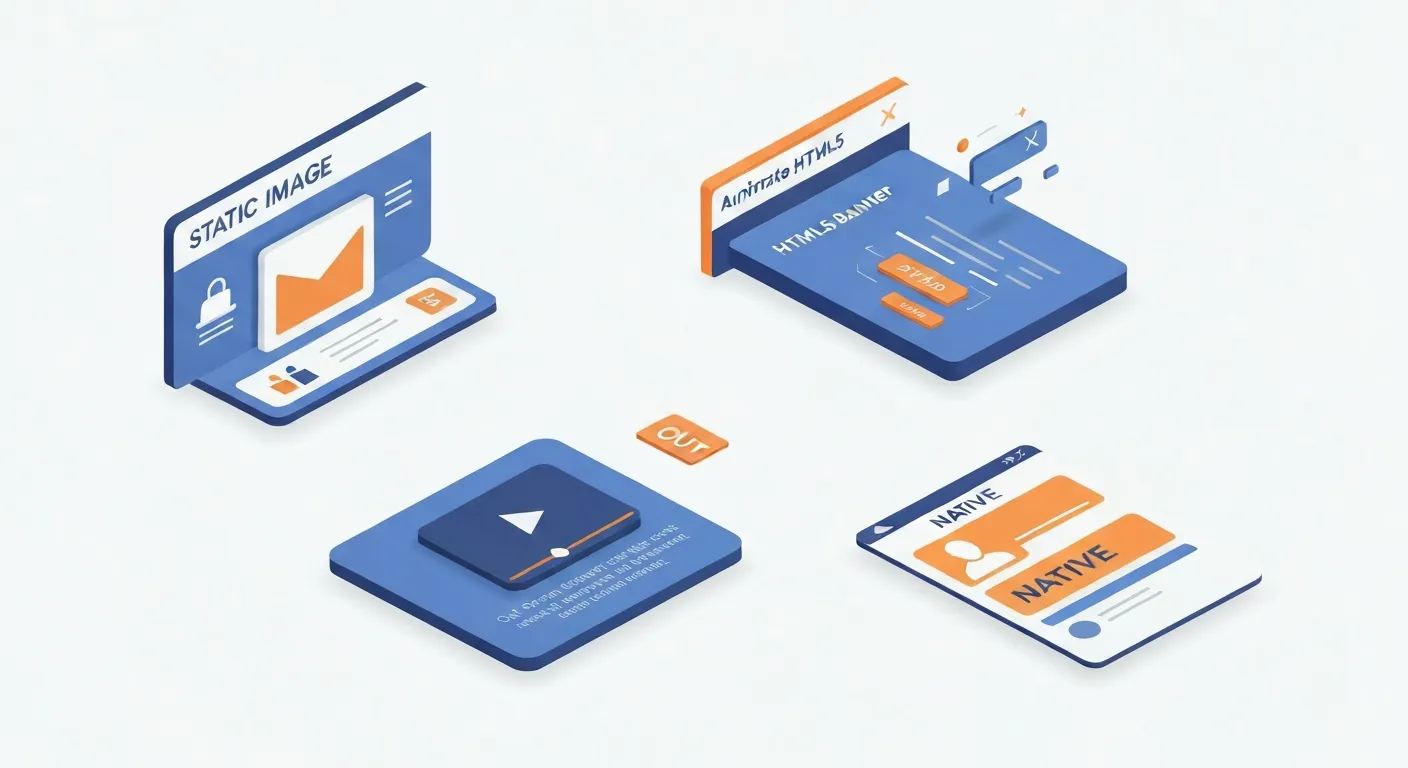 Izometryczna ilustracja przedstawiająca główne formaty reklamy displayowej: statyczny baner, animowany baner HTML5, reklamę wideo oraz reklamę natywną wkomponowaną w treść strony.