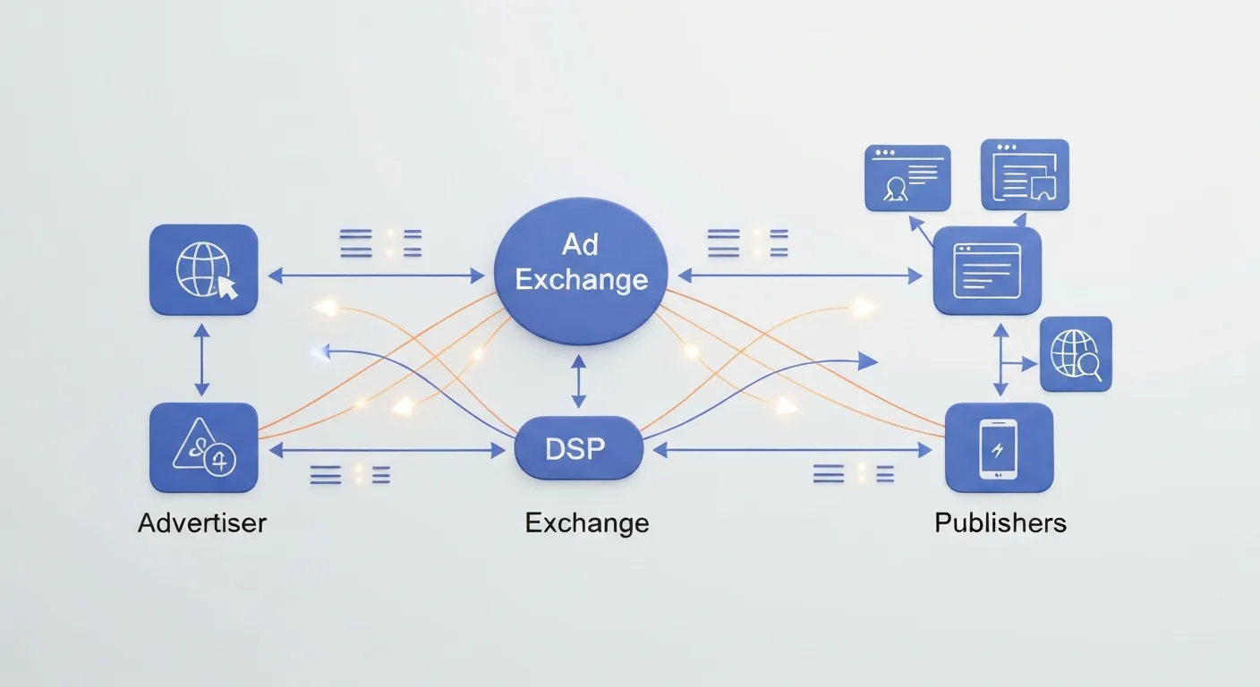 Schemat wizualizujący ekosystem reklamy programatycznej, pokazujący przepływ danych od reklamodawcy, przez platformę DSP i giełdę reklam, aż do wyświetlenia banera na stronie internetowej wydawcy.