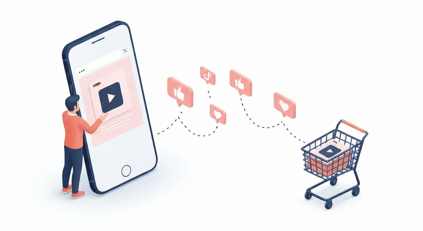 An isometric illustration visualizing the '#TikTokMadeMeBuyIt' phenomenon, where a user sees a product on their phone and it directly leads to a purchase, represented by the product moving into a shopping cart.