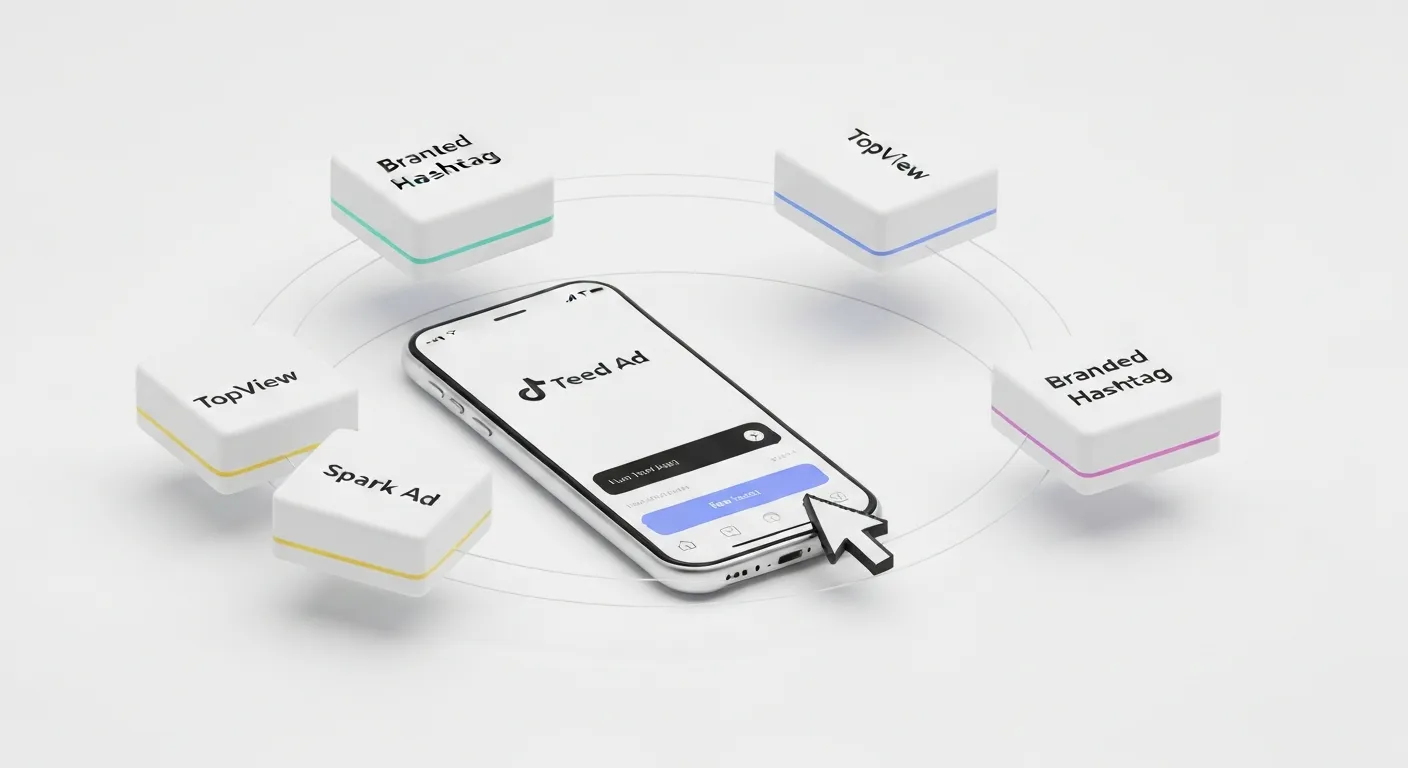 A clear, abstract visualization of different TikTok ad formats, such as In-Feed, TopView, and Spark Ads, shown as distinct interactive blocks on a digital dashboard for easy comparison.