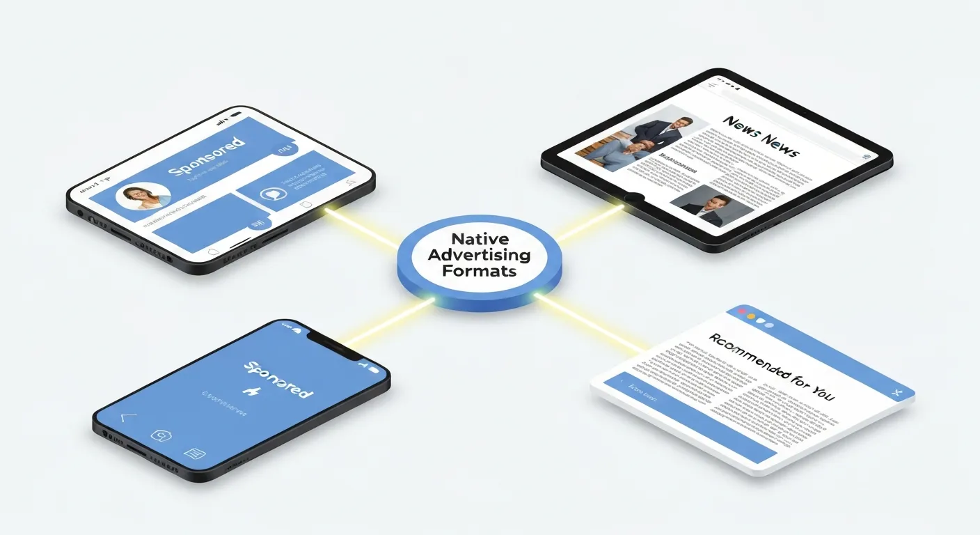 A 3D visualization of the different formats of native advertising. The image shows a central hub connected to a smartphone with an in-feed ad, a tablet with a sponsored article, and a browser window with content recommendation widgets.