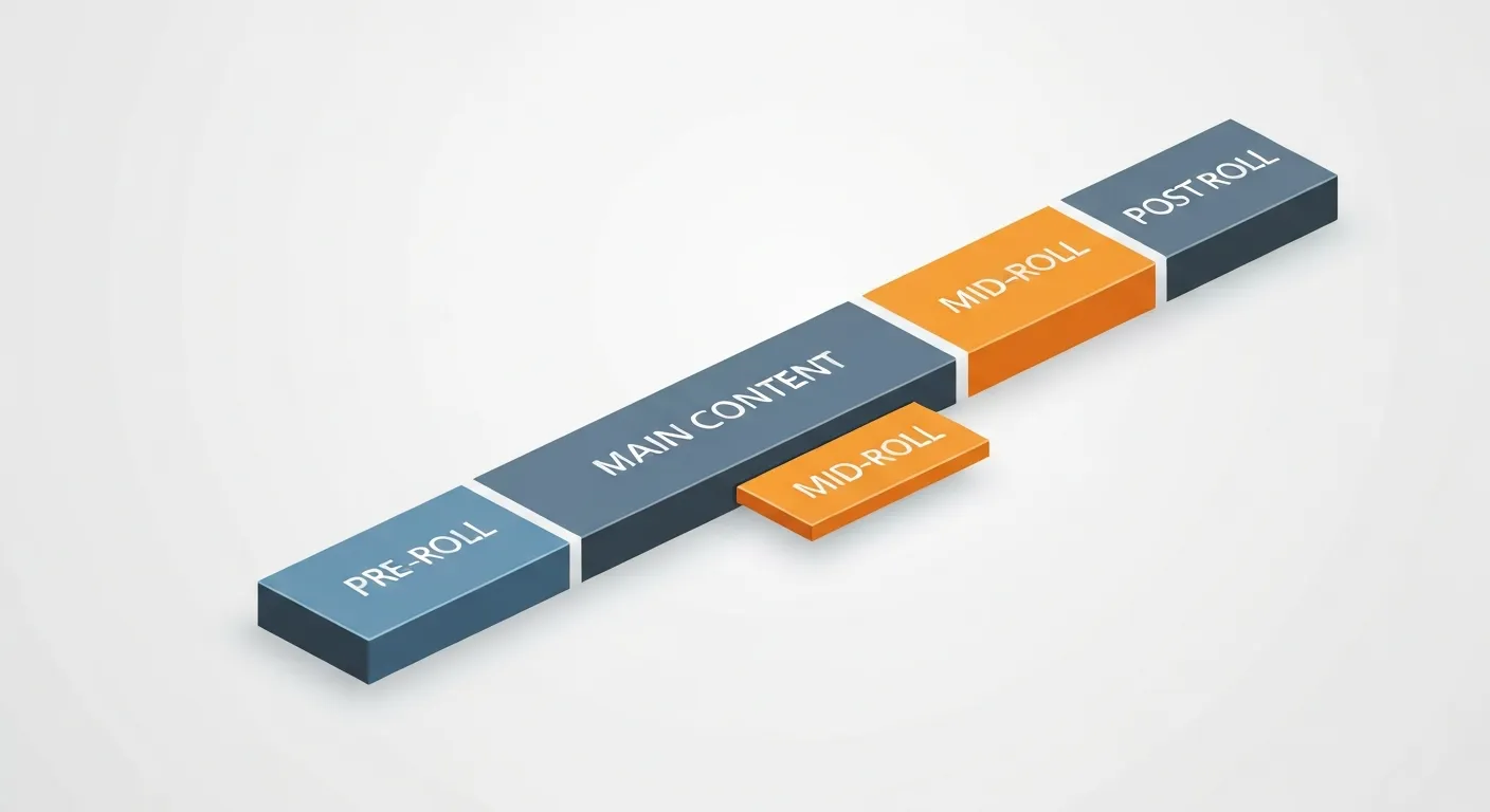 Infografika izometryczna ilustrująca typy reklam in-stream. Oś czasu wideo pokazuje umiejscowienie reklam pre-roll (przed), mid-roll (w trakcie) i post-roll (po) głównym materiale wideo.