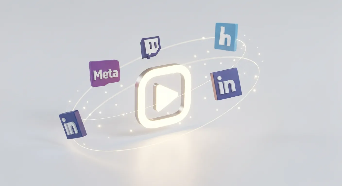 Schemat przedstawiający główne platformy do emisji reklam in-stream. Centralna ikona odtwarzania wideo jest otoczona logo YouTube, Meta, Twitch i LinkedIn, reprezentując zróżnicowany ekosystem kampanii wideo.