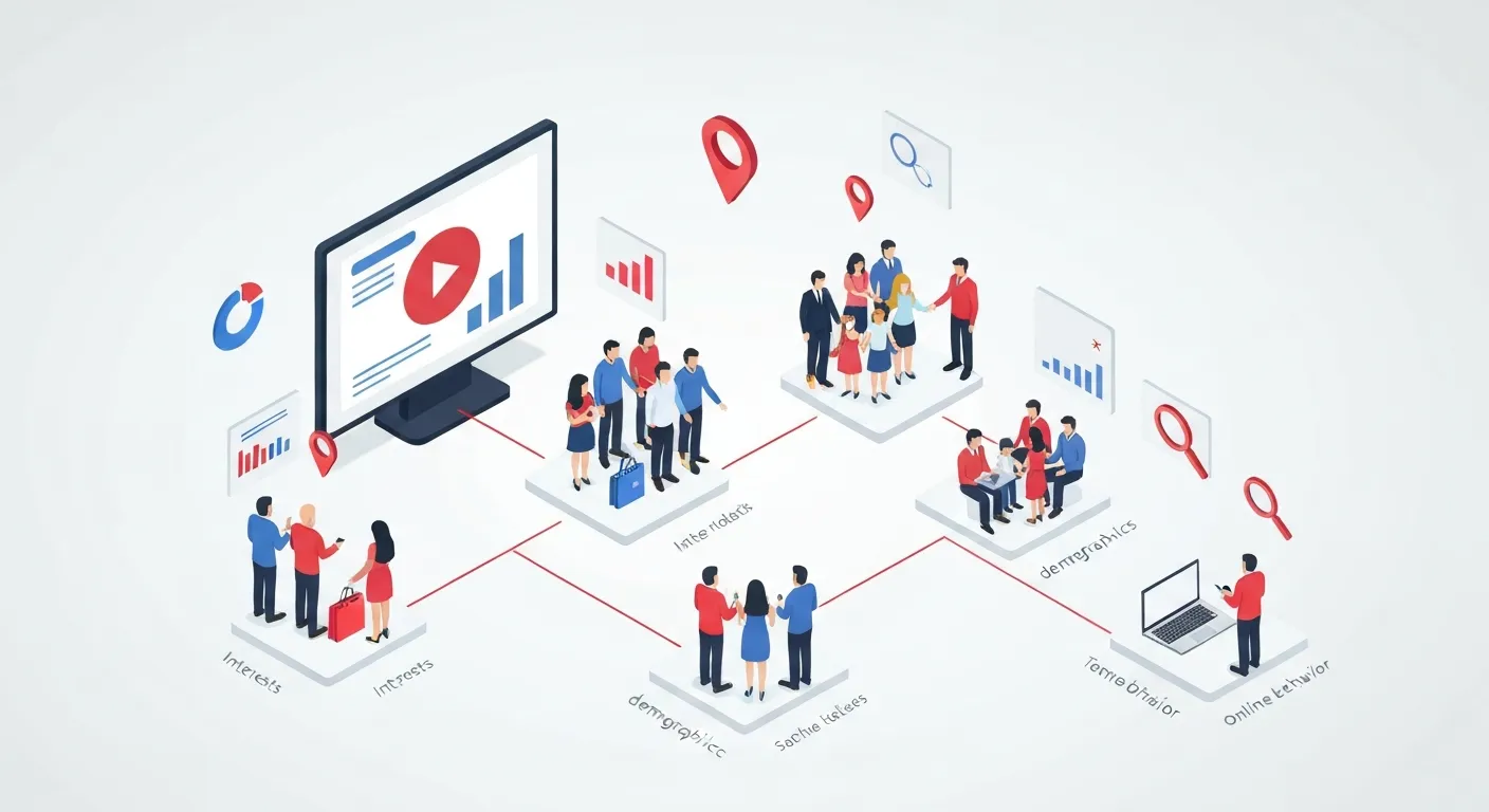 An isometric illustration showing how YouTube ads can precisely target different customer groups based on their interests, demographics, and online behavior.