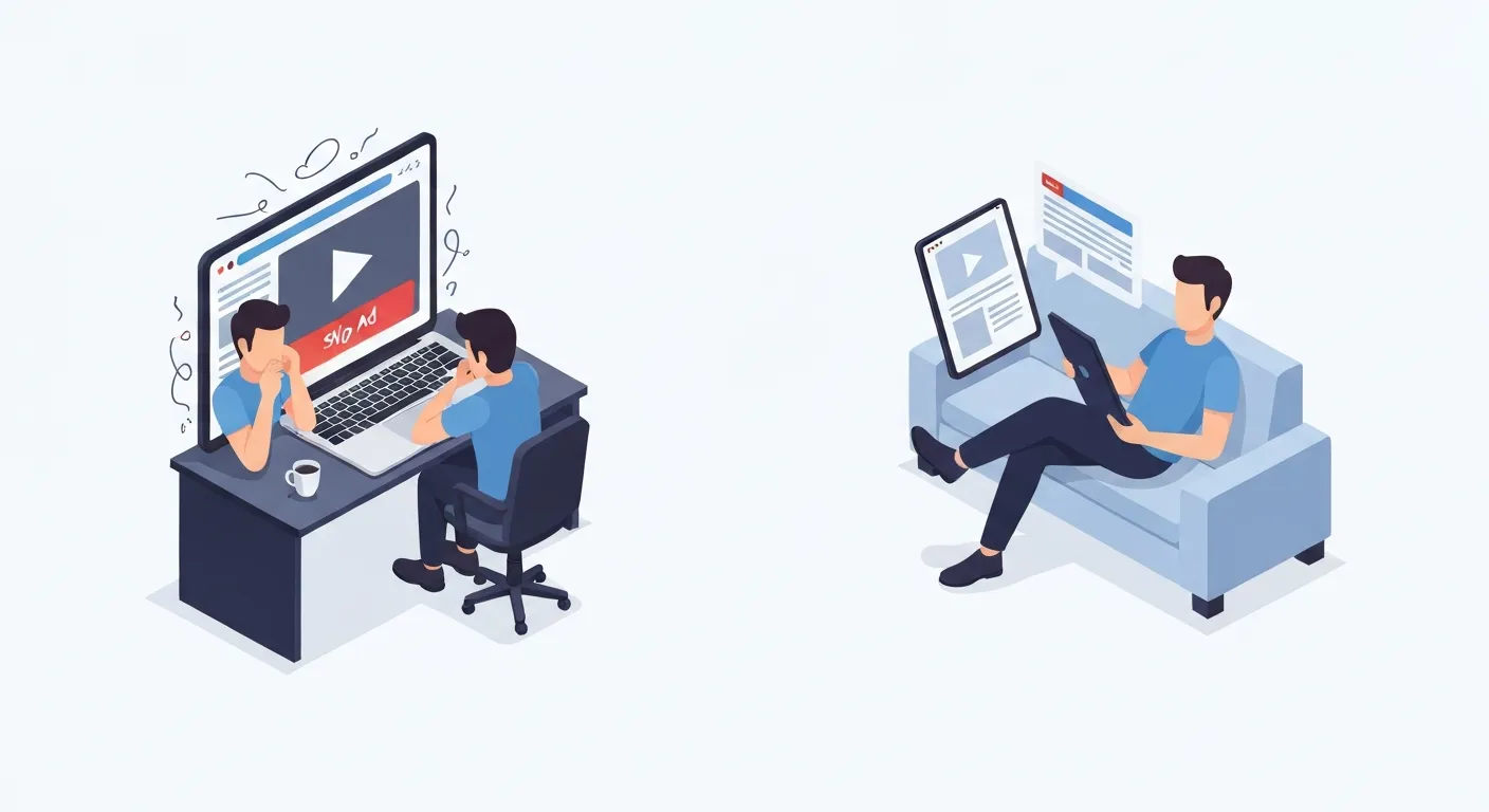 Porównawcza ilustracja przedstawiająca reklamę in-stream vs. out-stream. Po lewej stronie zirytowany użytkownik, którego oglądanie wideo jest przerwane przez głośną reklamę pre-roll. Po prawej zrelaksowany użytkownik, który swobodnie przewija artykuł z cichą, zintegrowaną reklamą out-stream.