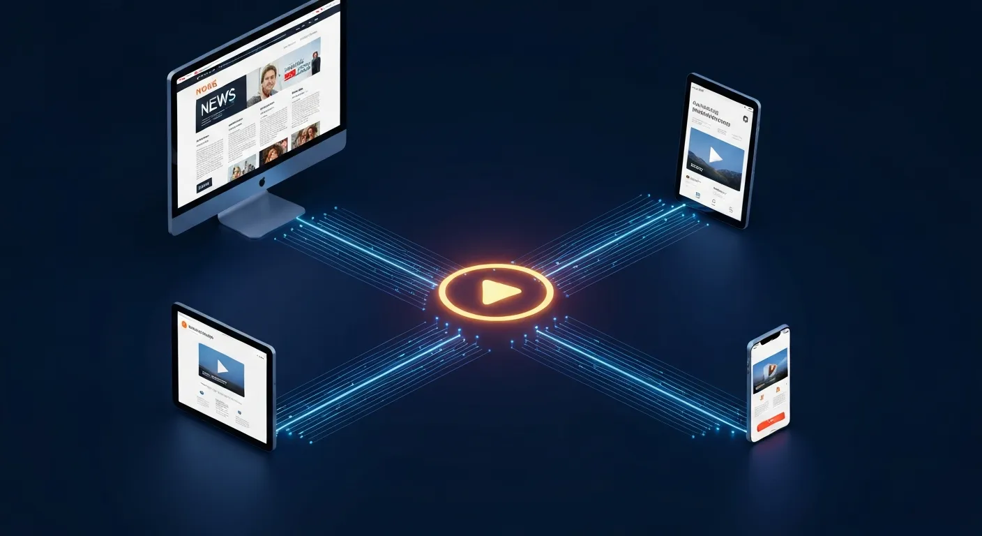 Wizualizacja ogromnego zasięgu reklam out-stream. Centralna ikona wideo jest połączona świetlistymi liniami z różnorodnymi platformami cyfrowymi, takimi jak portale informacyjne, blogi i sklepy e-commerce, wyświetlanymi na różnych urządzeniach (laptop, tablet, smartfon).