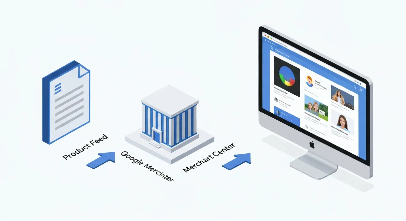 An isometric illustration explaining the core components of Shopping Ads: a product data feed file connecting to the Google Merchant Center, which then populates the ads shown on a search results page.