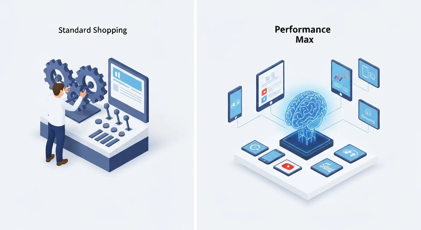 A comparative illustration showing the difference between Standard Shopping campaigns and Performance Max. One side depicts manual control with gears and levers, while the other shows an automated AI brain managing ads across multiple channels.