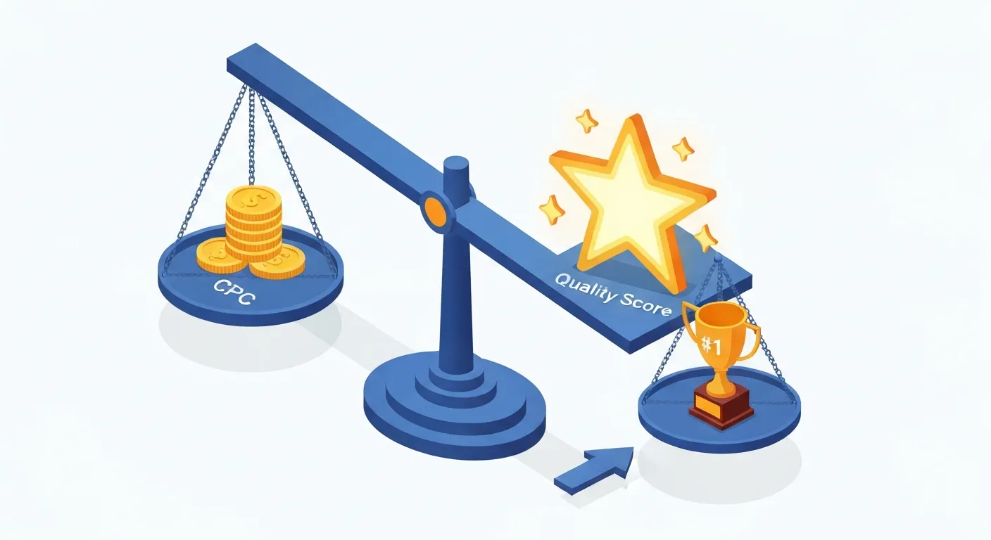 Izometryczna ilustracja wyjaśniająca mechanizm aukcji Google Ads, na której waga balansuje stawkę (monety) z Wynikiem Jakości (gwiazdka), prowadząc do najwyższej pozycji reklamy.
