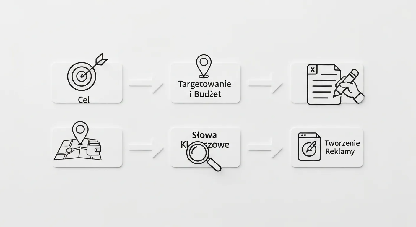 Wizualny schemat przepływu ilustrujący kroki tworzenia kampanii Google Ads, obejmujący ustawienie celów, budżetu, wybór słów kluczowych i tworzenie reklam.