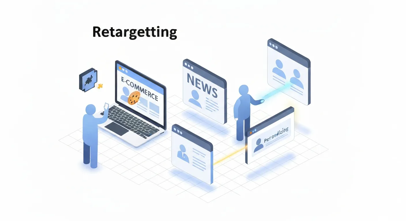 Infografika w stylu izometrycznym wyjaśniająca działanie piksela retargetingowego. Scena pokazuje użytkownika na laptopie (1), który odwiedza stronę internetową i otrzymuje 'ciasteczko' (cookie). Następnie ten sam użytkownik przegląda inne strony (2), gdzie widzi spersonalizowaną reklamę (3) produktu, który wcześniej oglądał.