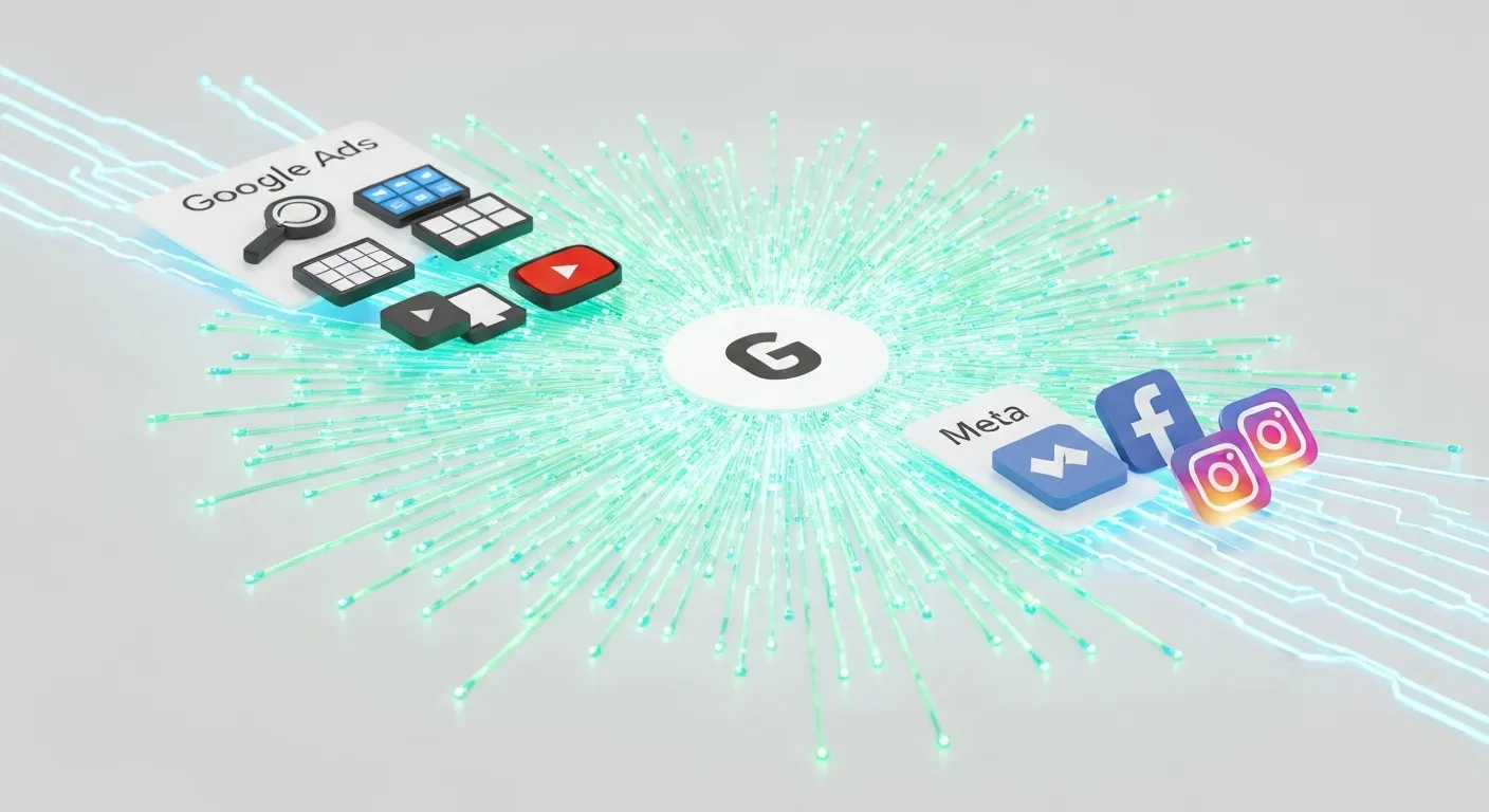 Wizualizacja ekosystemu platform remarketingowych. W centrum znajduje się logo marki, od którego rozchodzą się świetliste ścieżki do głównych grup reklamowych: Google Ads (z ikonami wyszukiwarki, sieci display i YouTube) oraz Meta (z ikonami Facebooka i Instagrama), pokazując wielokanałowy zasięg.