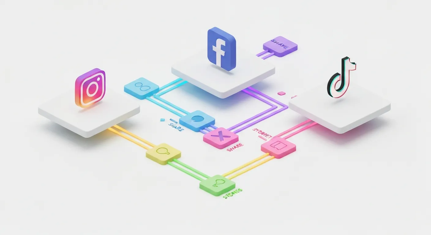 An isometric illustration showing different floating islands, each representing a social media platform with its logo: Instagram, Facebook, X, and TikTok. Luminous data streams flow between the islands, following paths marked with native icons like 'Share,' 'Retweet,' and 'Repost,' clearly illustrating the different, built-in sharing functions of each platform.