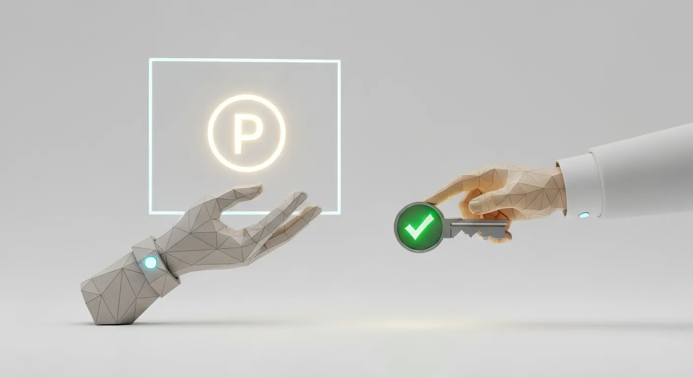An abstract illustration where one digital hand holds a glowing photograph clearly marked with a copyright symbol (©). Another hand is offering a key with a green checkmark on it, symbolizing the act of gaining legal permission to share the copyrighted content. The background is a clean, minimalist interface.
