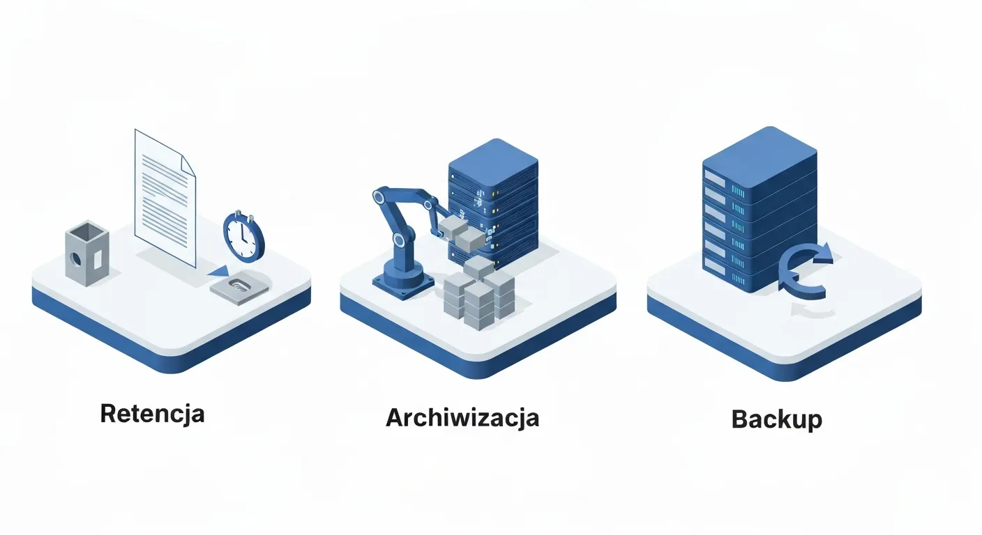 An isometric illustration comparing data retention, archiving, and backup. Three separate zones show a document with a calendar for retention, old data being moved to a separate storage for archiving, and a server being copied for backup.