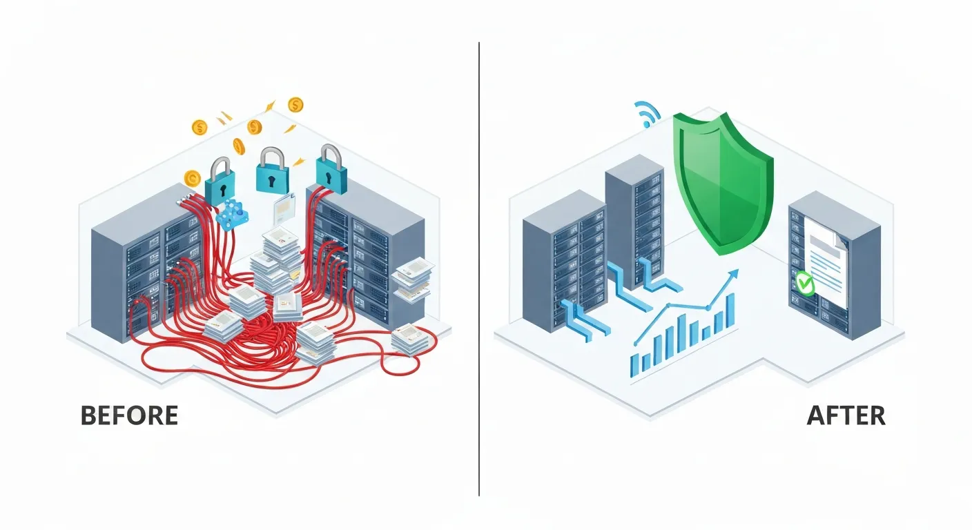 An isometric 'before and after' illustration showing the benefits of a data retention policy. The left side shows chaotic, insecure servers with high costs, while the right side shows an organized, secure, and cost-effective system.