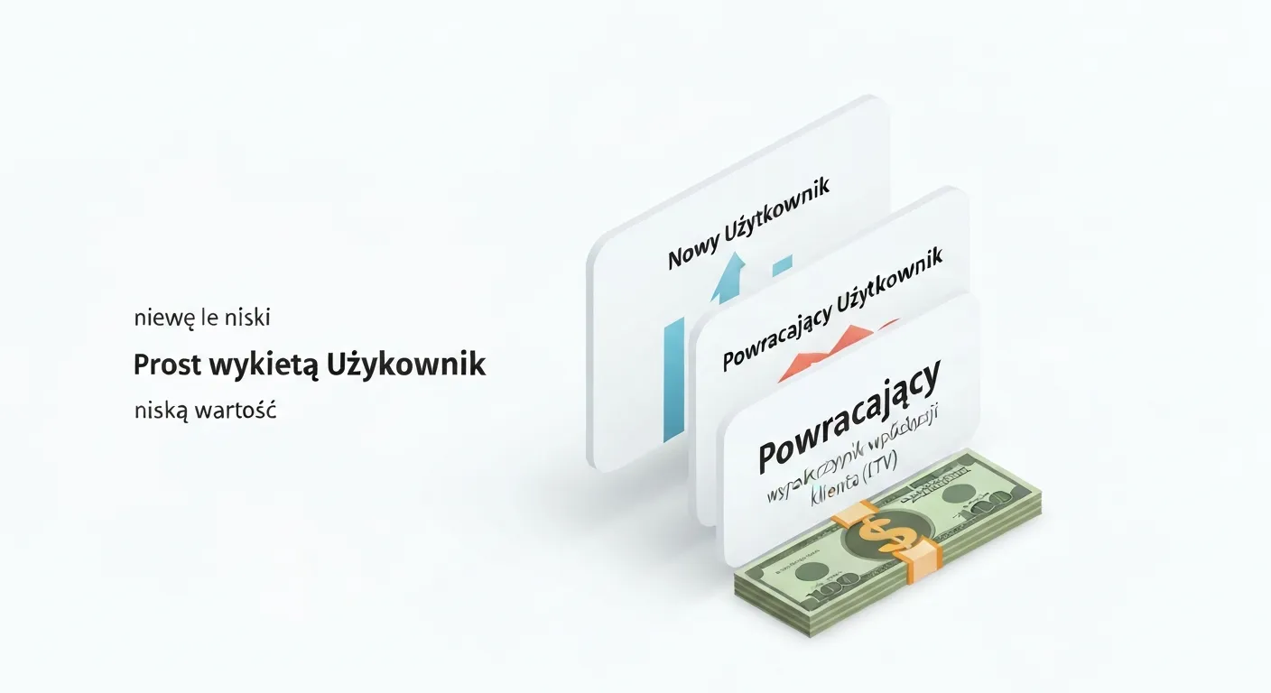 Wizualizacja danych porównująca wartość nowego użytkownika z powracającym. Mały słupek reprezentuje niską konwersję nowego gościa, podczas gdy wysoki stos złotych monet symbolizuje znacznie wyższą wartość życiową (LTV) i konwersję powracającego klienta.