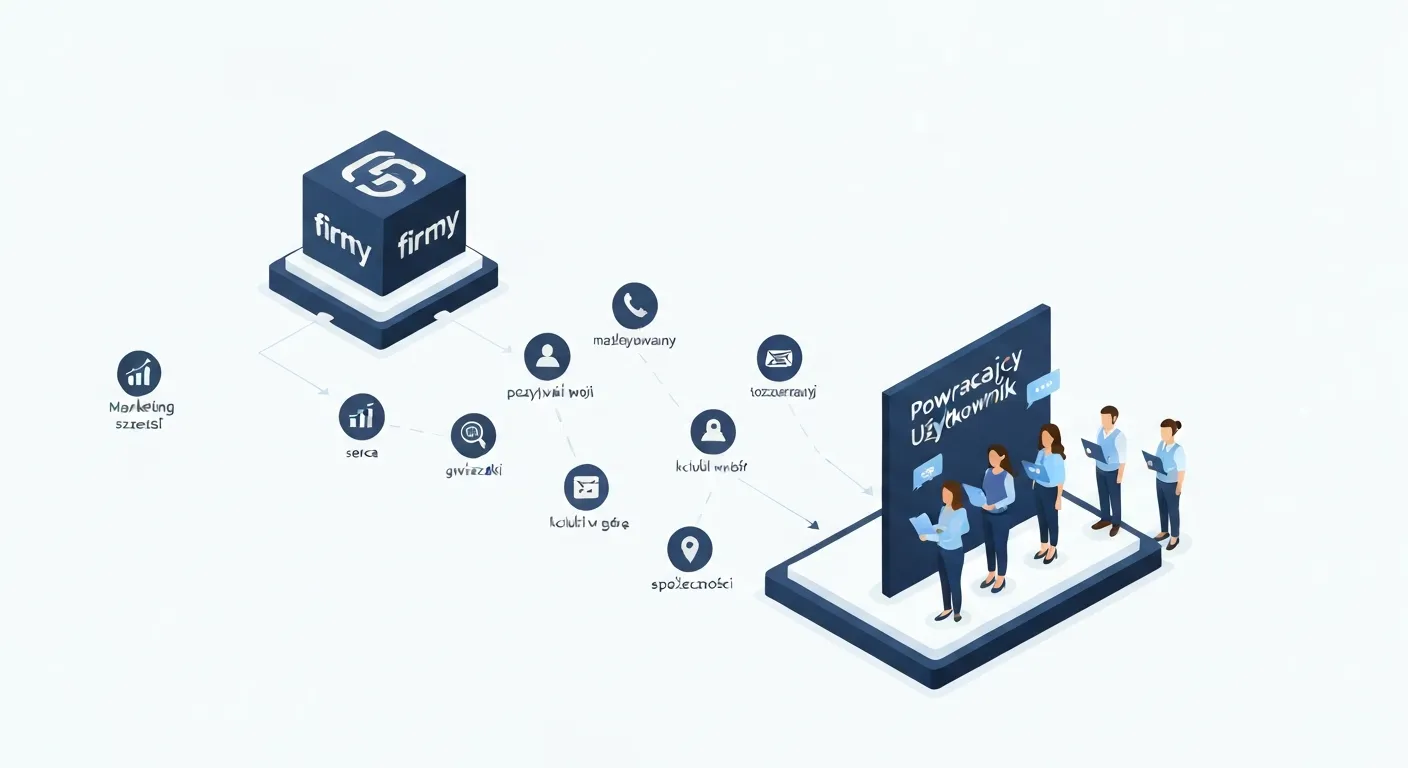 Abstrakcyjna ilustracja przedstawiająca lojalnego klienta w centrum sieci, który wysyła pozytywne sygnały (serca, gwiazdki) do innych, nowych użytkowników, co symbolizuje rolę powracającego gościa jako ambasadora marki.