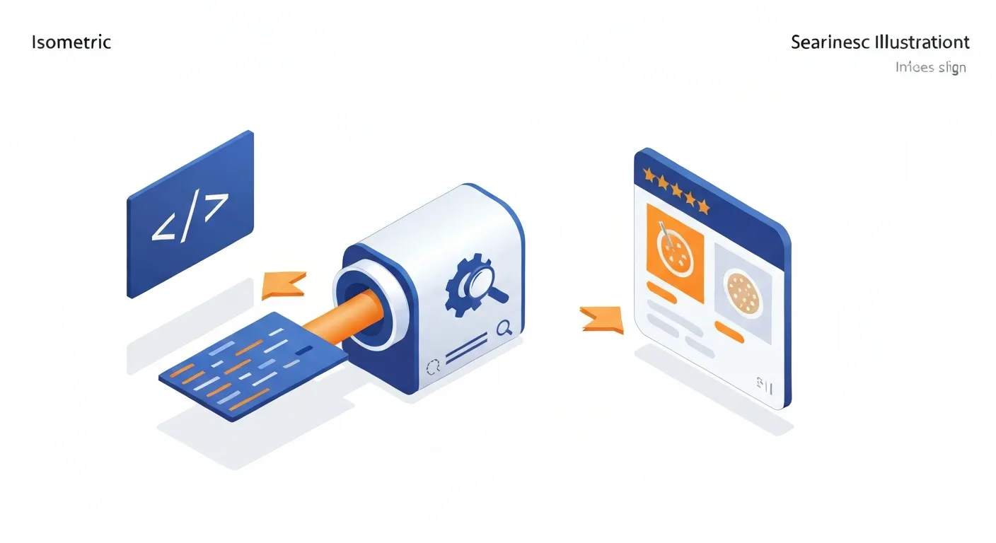 Izometryczna ilustracja pokazująca, jak kod danych strukturalnych (schema) jest tłumaczony przez algorytm Google na atrakcyjny wizualnie rich snippet w wynikach wyszukiwania.