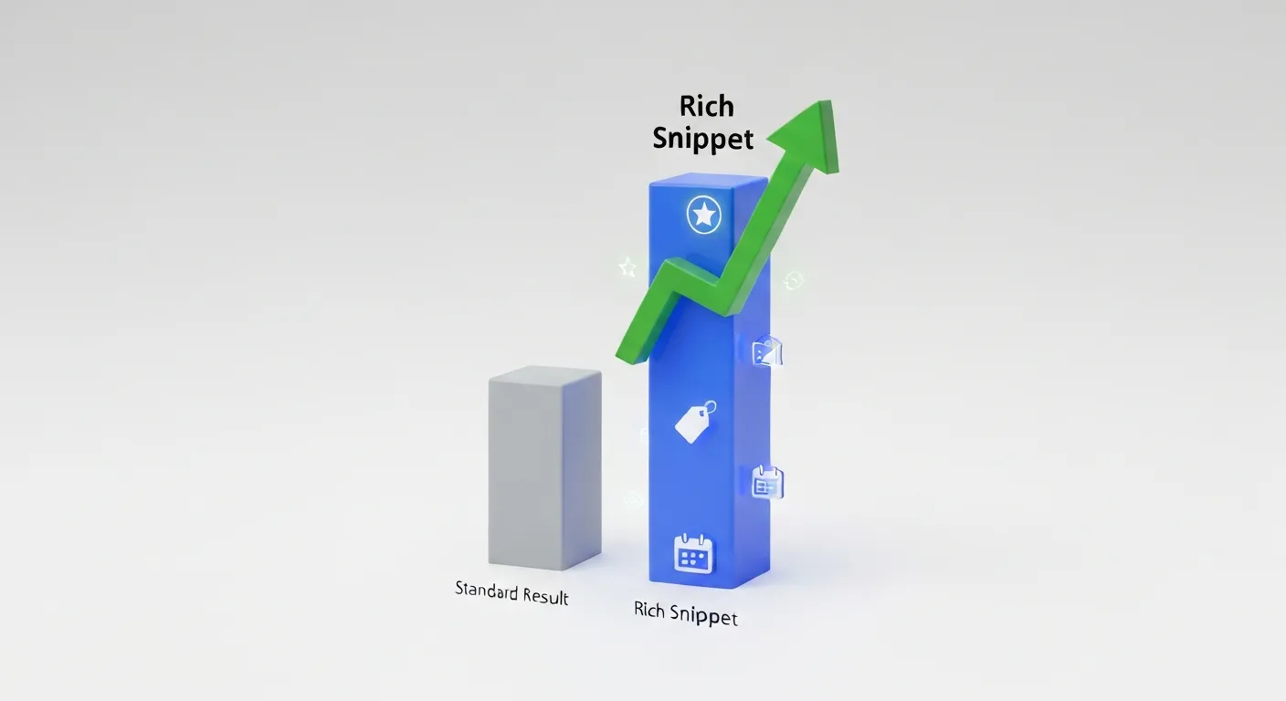 Wykres wizualizujący wzrost współczynnika klikalności (CTR) dzięki wdrożeniu rich snippets. Słupek reprezentujący wynik rozszerzony jest znacznie wyższy i wyróżniony ikonami, co pokazuje jego skuteczność.