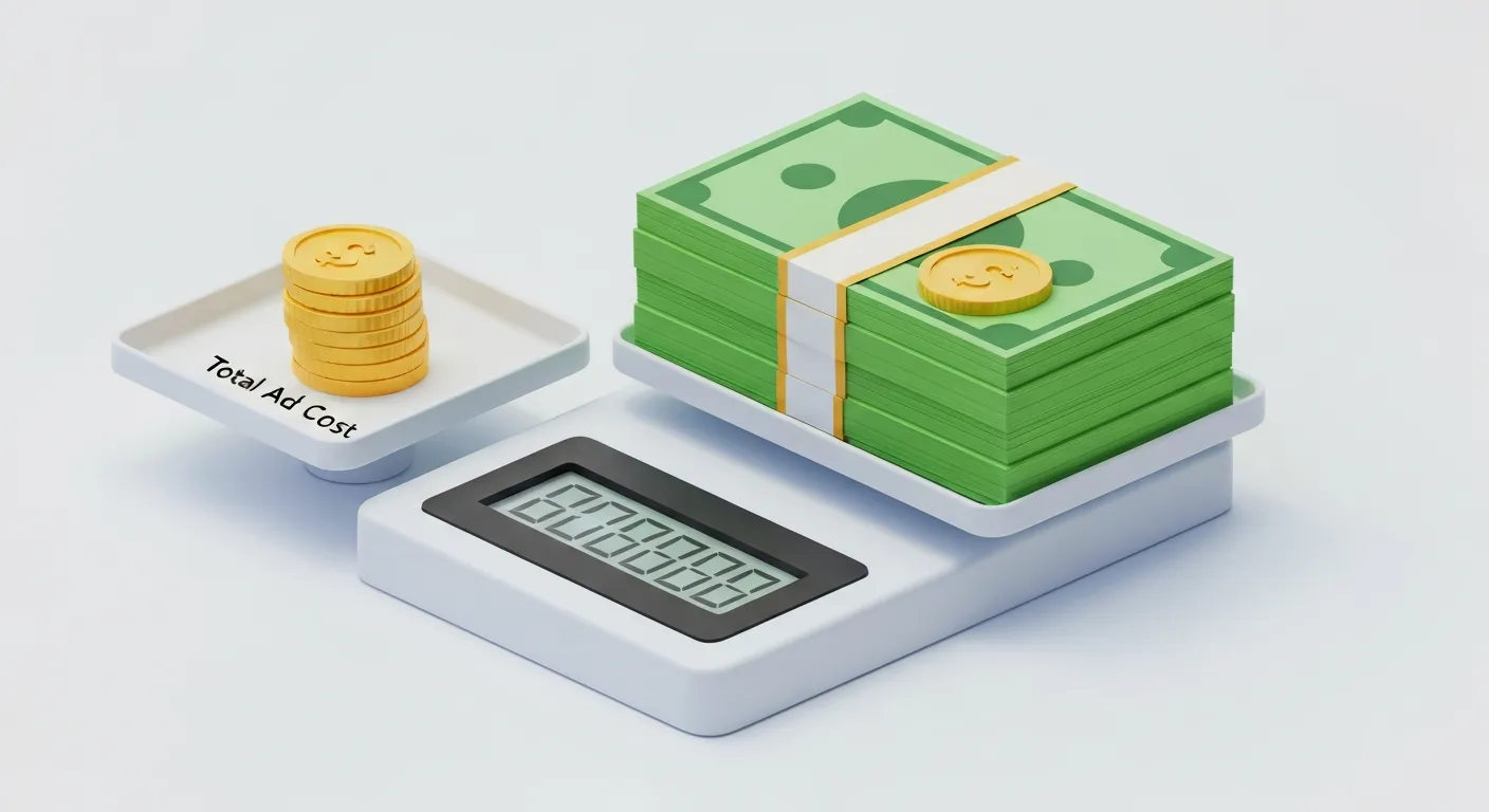 An infographic illustrating the ROAS calculation formula. A digital balance scale is shown, with a small stack of coins labeled 'Ad Cost' on one side and a much larger stack of banknotes labeled 'Revenue' on the other, demonstrating a positive return. This visual represents the core concept of comparing ad spend to the income it generates.