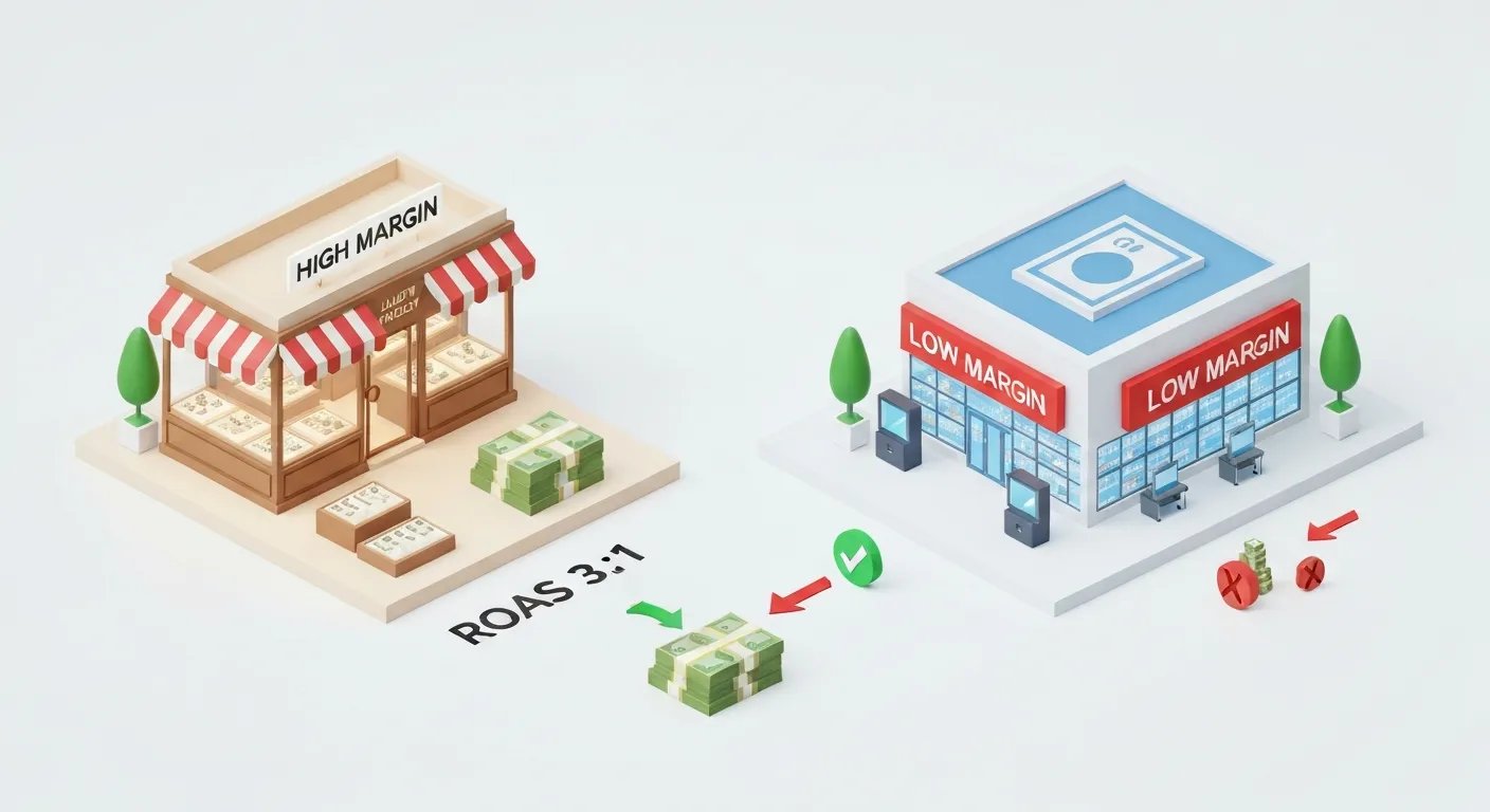 A comparative illustration showing why a 'good' ROAS depends on profit margins. On the left, a high-margin business is shown to be profitable with a 3:1 ROAS. On the right, a low-margin business is shown to be unprofitable with the exact same 3:1 ROAS, highlighting the importance of business context in evaluating advertising performance.
