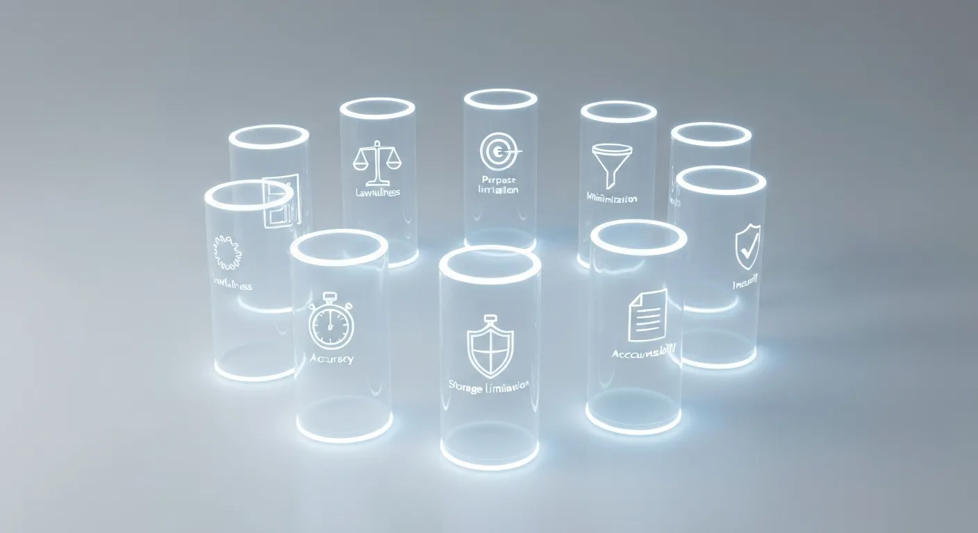 Grafika koncepcyjna przedstawiająca siedem podstawowych zasad RODO. Siedem przezroczystych, szklanych filarów stoi w okręgu, a każdy z nich zawiera świecącą ikonę symbolizującą jedną z zasad: wagę (zgodność z prawem), tarczę (bezpieczeństwo), lejek (minimalizacja danych), zegar (ograniczenie przechowywania) itd.