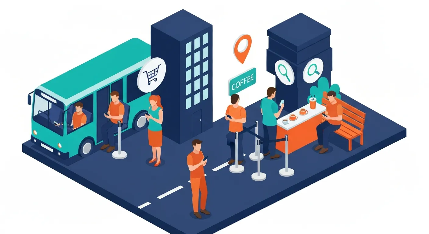 Ilustracja izometryczna przedstawiająca różnych użytkowników mobilnych w codziennych sytuacjach - w autobusie, w kolejce po kawę - co obrazuje specyfikę i kontekst korzystania z internetu na smartfonach.