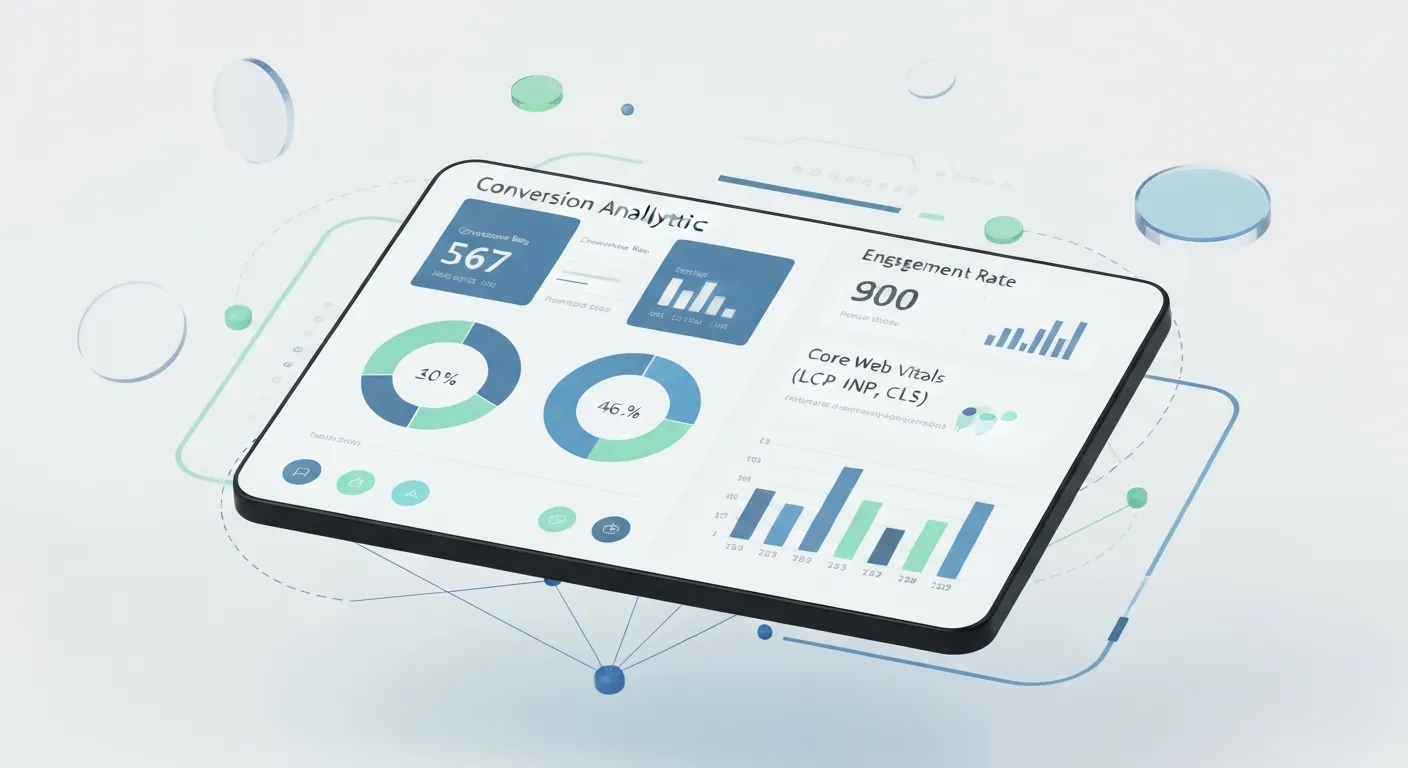 Wizualizacja danych analitycznych przedstawiająca pulpit (dashboard) z kluczowymi metrykami dla ruchu mobilnego, takimi jak współczynnik konwersji i Core Web Vitals.