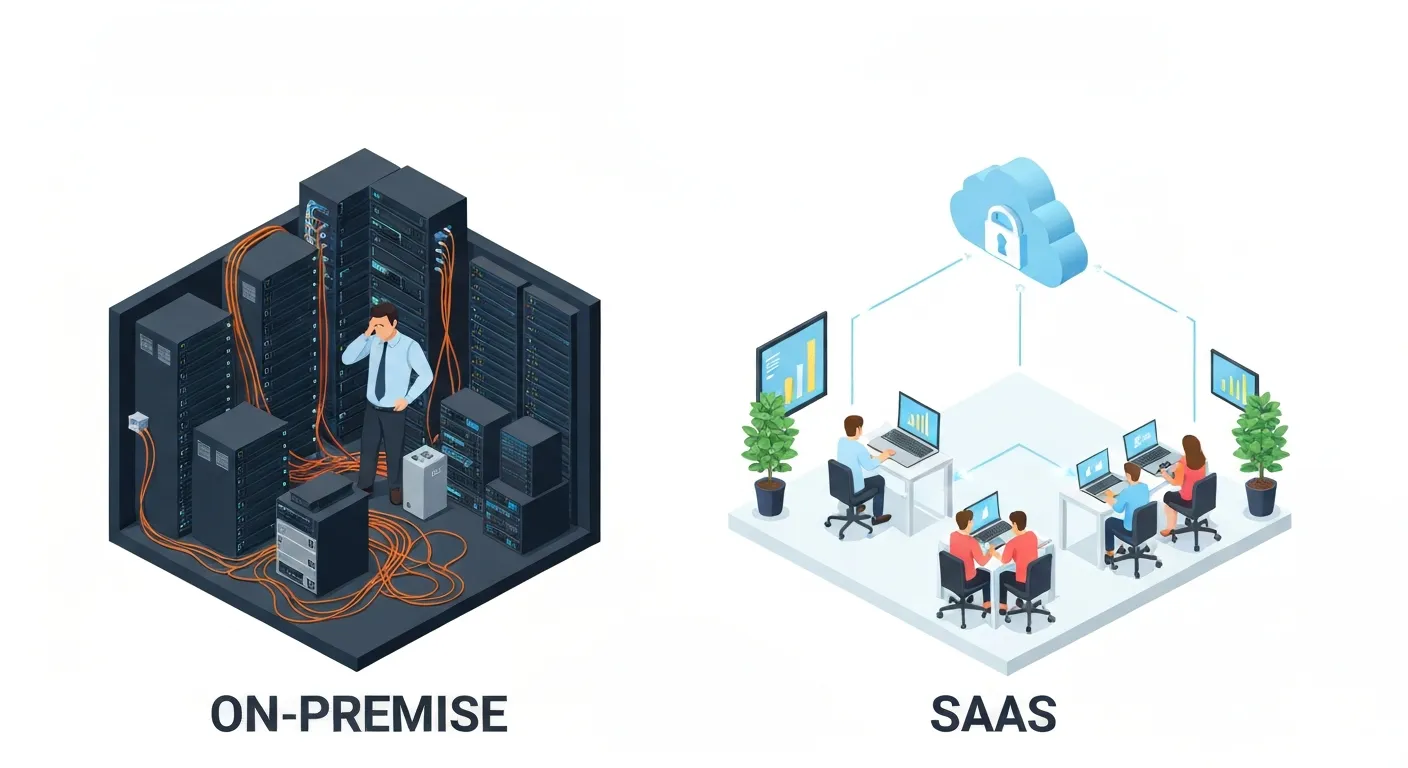 Ilustracja porównująca tradycyjny model on-premise z serwerownią po lewej stronie i elastyczny model SaaS z dostępem do chmury po prawej stronie.