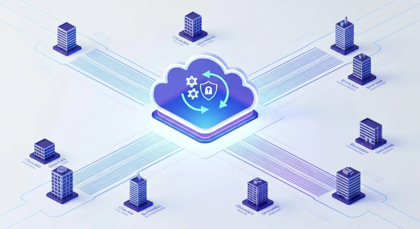 Grafika przedstawiająca architekturę SaaS, gdzie centralny dostawca w chmurze zarządza aktualizacjami, bezpieczeństwem i danymi dla wielu różnych firm.