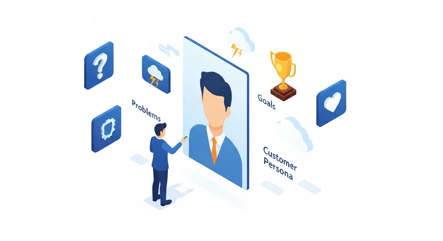 Ilustracja przedstawiająca proces tworzenia awatara klienta, z centralną postacią otoczoną ikonami symbolizującymi jej problemy, cele i dane demograficzne.