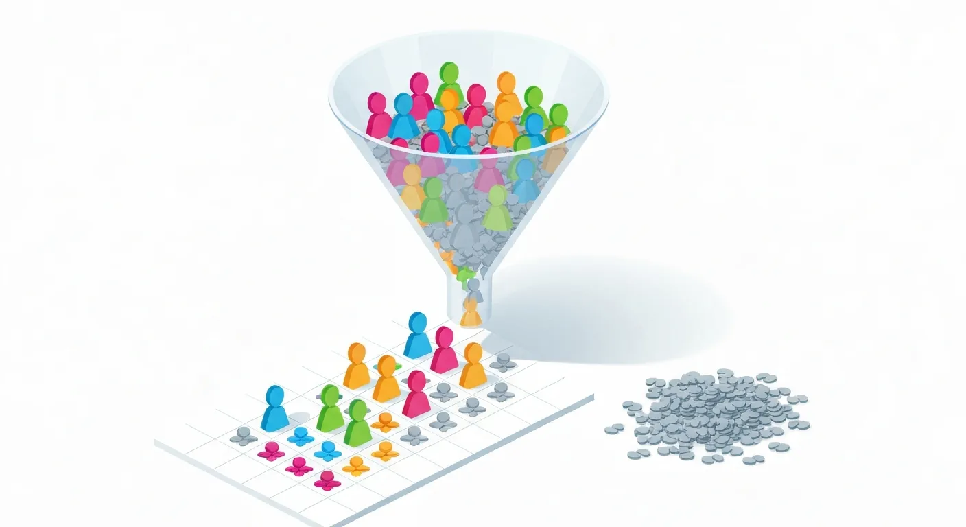 An isometric illustration showing the process of email list hygiene, where a funnel separates engaged, colorful user icons from inactive, gray ones, symbolizing the creation of a quality mailing list for better open rates.